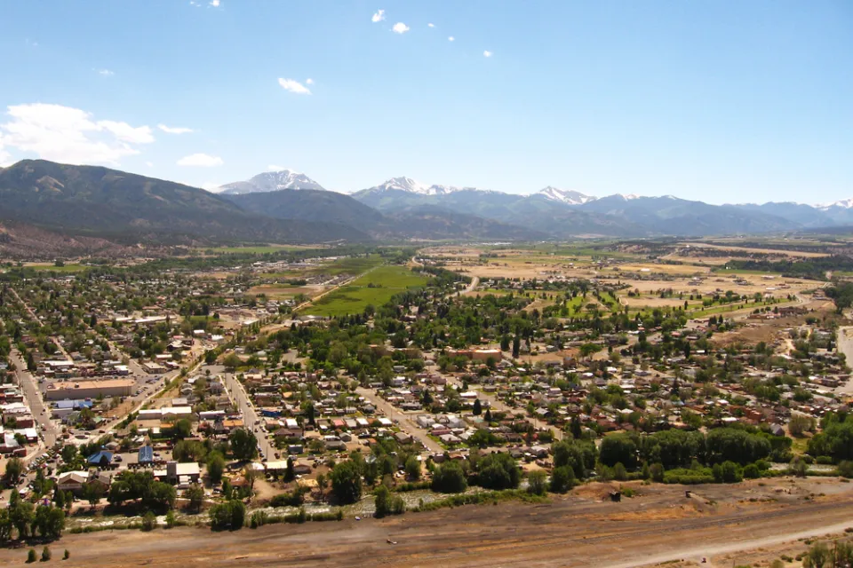 Aerial view of Salida, Colorado with mountains in background